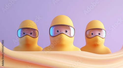 Three yellow figures in protective gear digital illustration abstract background playful concept