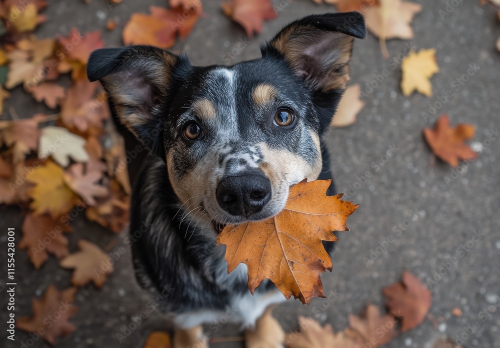 Playful Dog Holding Autumn Leaf in Its Mouth Surrounded by Colorful Fallen Leaves on a Concrete Surface During Fall Season Playful Dog Holding Autumn Leaf in Its Mouth Surrounded by Colorful Fallen Leaves on a Concrete Surface During Fall Season