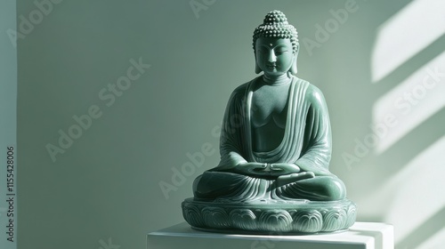 Green Buddha Statue on Pedestal in Soft Light