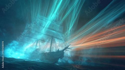This imaginative image portrays a sailing ship amidst a dramatic, luminous aurora, casting a surreal glow over the waters, evoking wonder and exploration of the unknown.