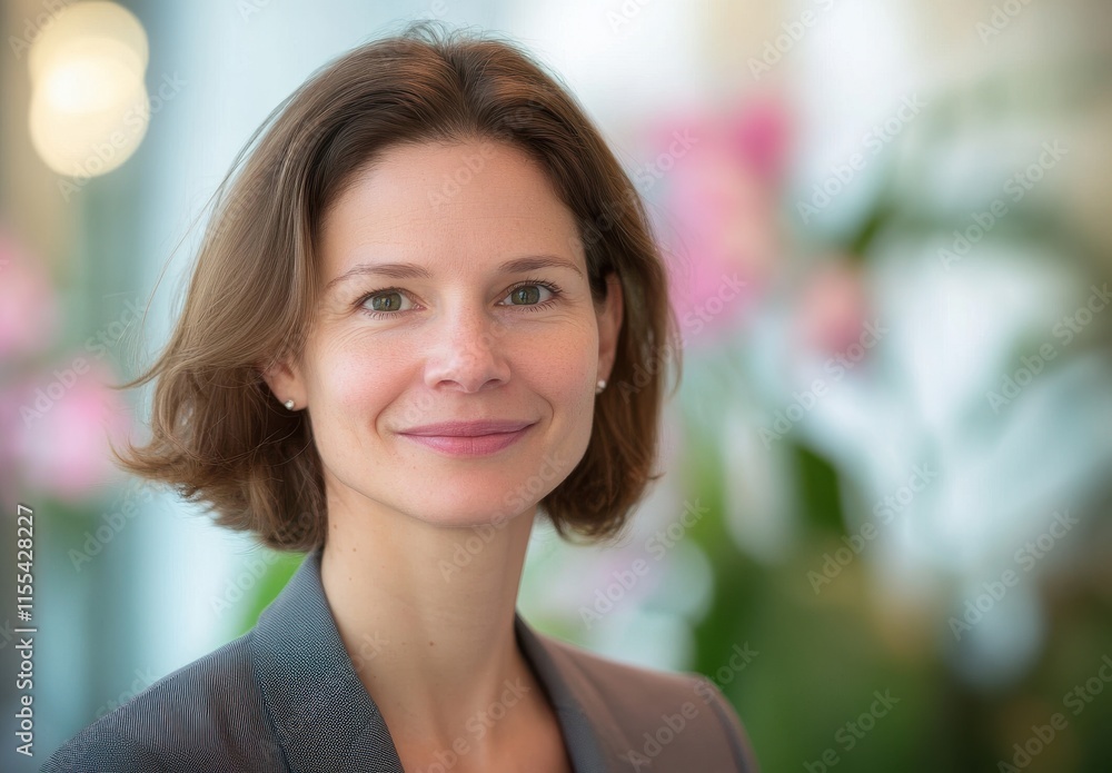 Professional portrait of a confident young woman with short hair smiling in a modern environment surrounded by soft floral background and natural light Professional portrait of a confident young woman with short hair smiling in a modern environment surrounded by soft floral background and natural light