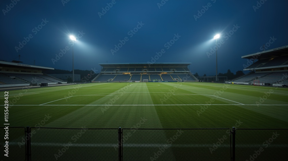 Fototapeta premium Illuminated football stadium at night with green field.