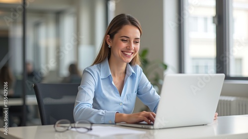 Smiling businesswoman working on laptop in bright office.