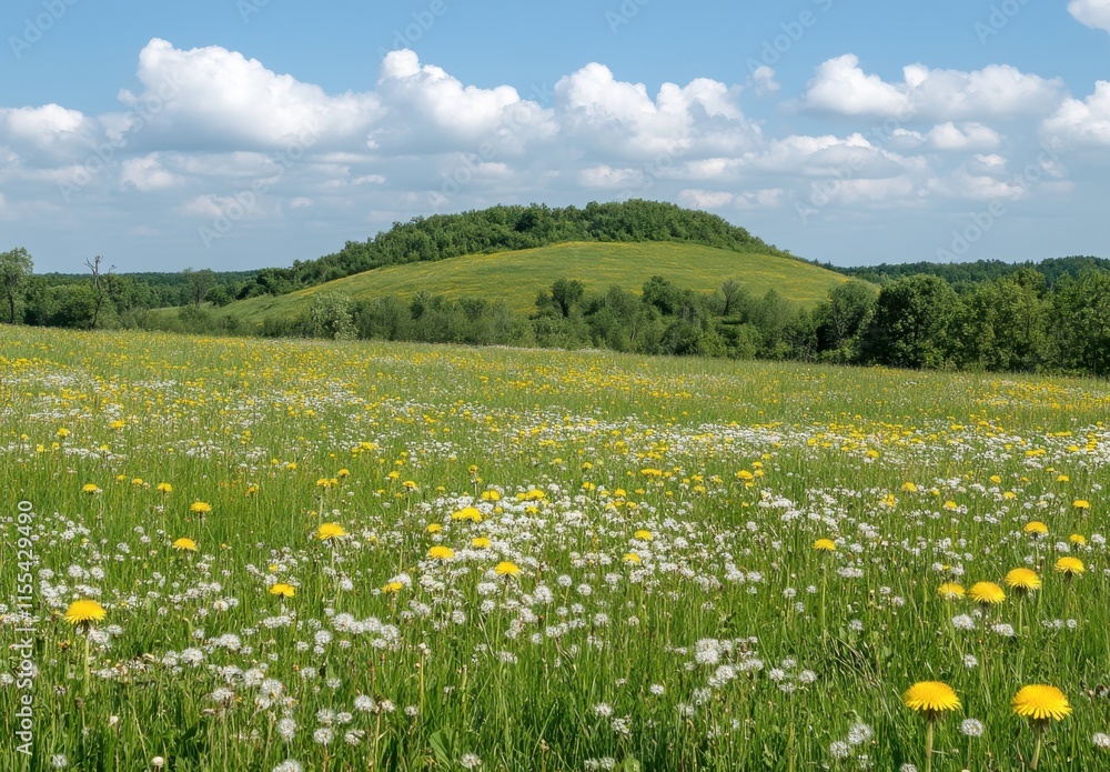 Obraz premium Scenic Summer Meadow with Vibrant Dandelions, Lush Grass, and Rolling Hills Under a Bright Blue Sky with Fluffy Clouds