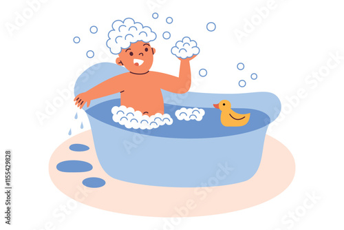 Vector illustration of happy child taking bath with foam, bubbles, and yellow rubber duck. Cartoon style, flat design, perfect for kids hygiene, or bathroom themed projects, isolated colored clipart