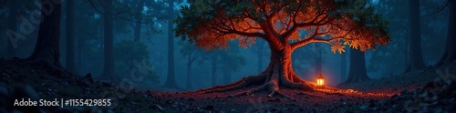 A glowing tree with roots that glow like lanterns in the dark forest, branches, dark forest photo