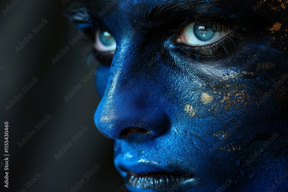 Close up of a model with artistic blue and gold body painting on her face, creating a dramatic and captivating look Close up of a model with artistic blue and gold body painting on her face, creating a dramatic and captivating look