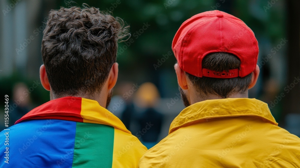 Naklejka premium Two Men Viewed from Behind, One Wearing a Rainbow-Colored Jacket, the Other a Red Baseball Cap