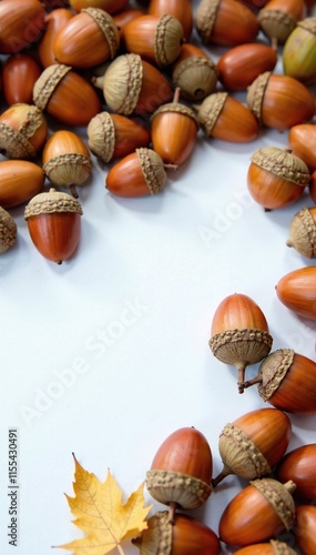 A group of acorns scattered across a white sheet of paper, with some falling off the edge, leaf litter, forest waste, paper scattered