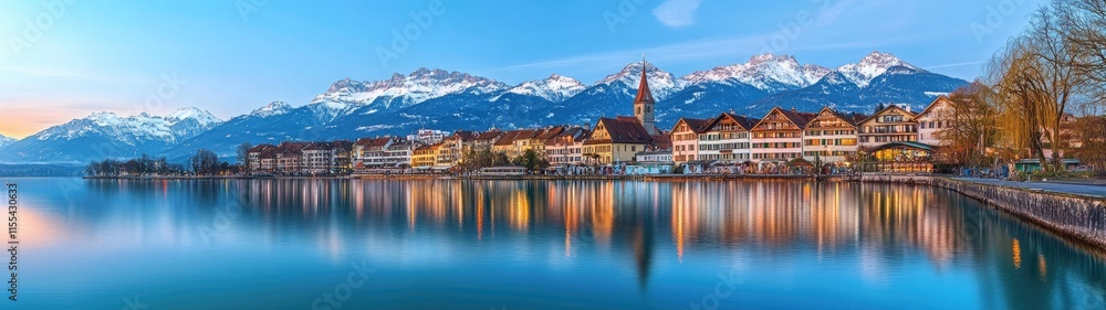 Fototapeta premium Panoramic view of the mountain range in front, Lake Constance with clear blue water, and snow-capped mountains at dawn