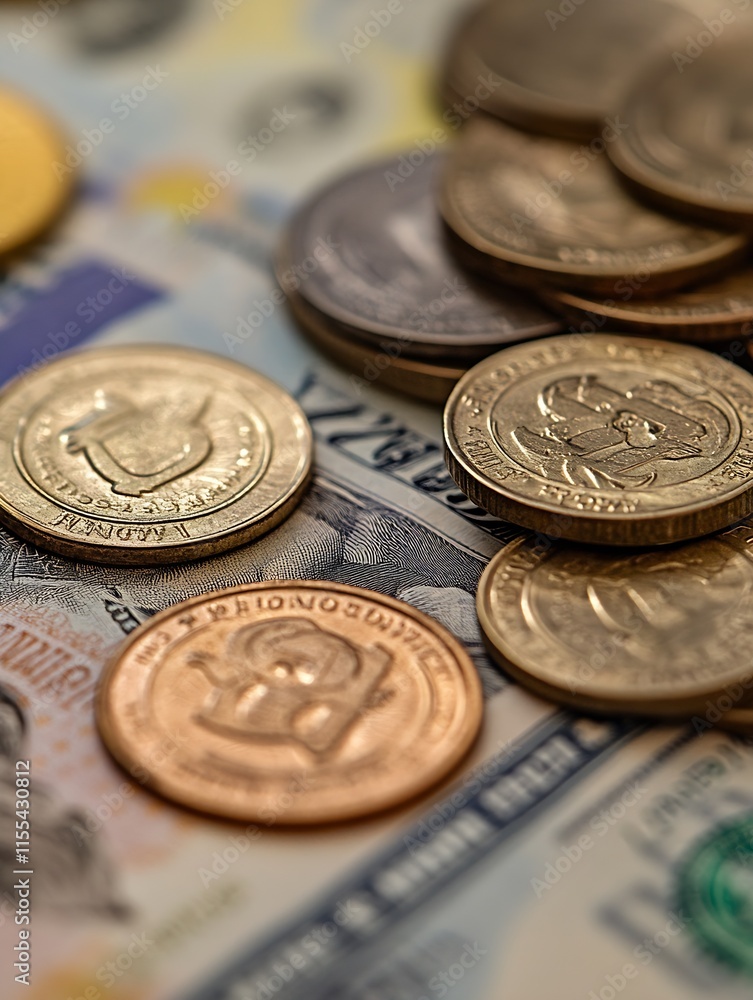 Closeup of various coins and banknotes symbolizing currency diversity and international financial transactions : Generative AI Closeup of various coins and banknotes symbolizing currency diversity and international financial transactions : Generative AI