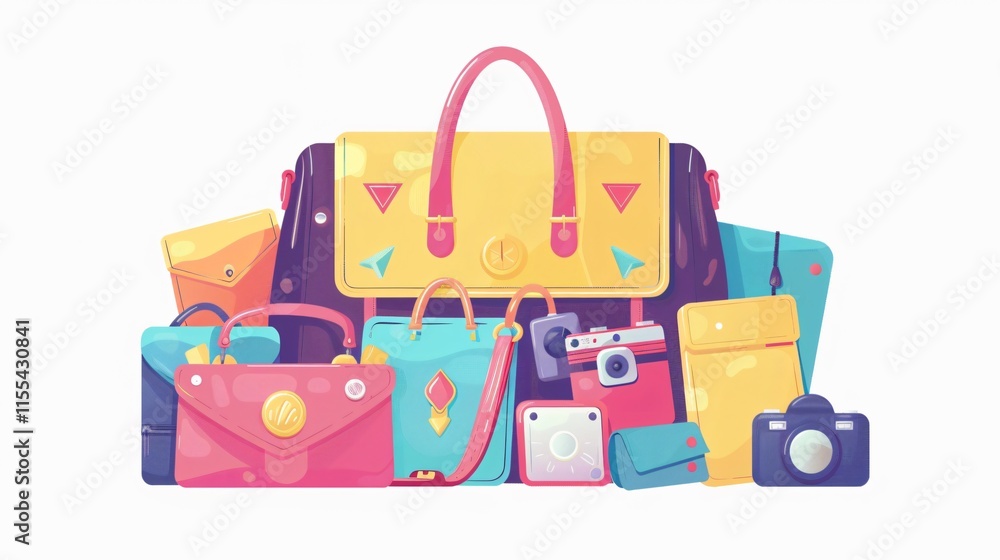 Vibrant Cartoon Accessories in Stylish Sling Bag Illustration Vibrant Cartoon Accessories in Stylish Sling Bag Illustration