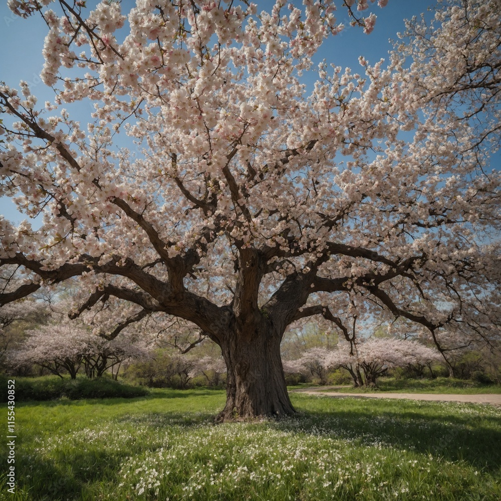 A massive tree in spring bloom, with pink and white blossoms filling the air. A massive tree in spring bloom, with pink and white blossoms filling the air.