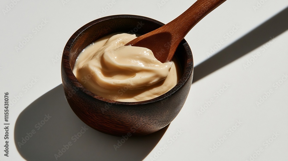 Creamy Delight: A Scoop of Creamy Goodness in a Dark Wooden Bowl Creamy Delight: A Scoop of Creamy Goodness in a Dark Wooden Bowl