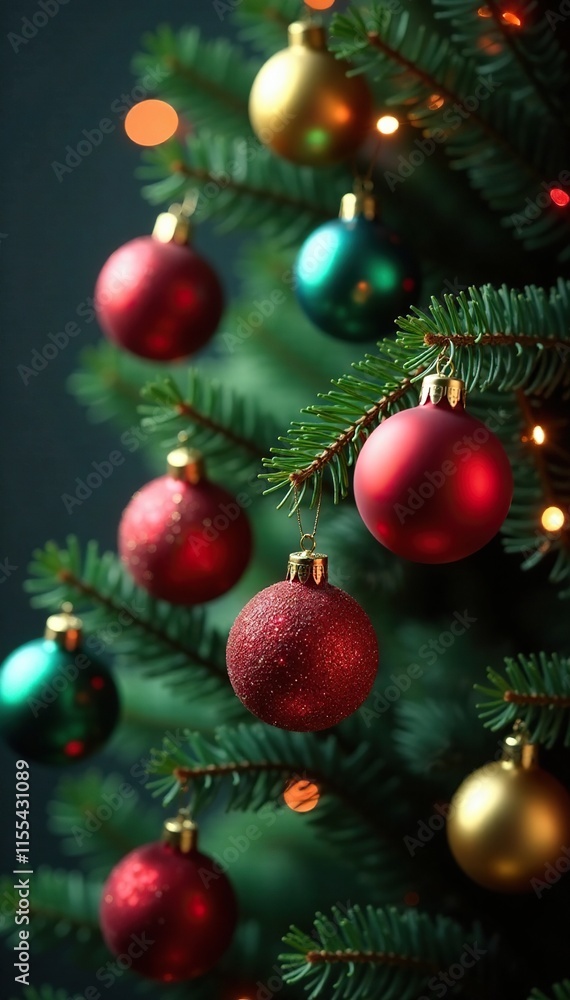 Fototapeta premium A group of small glass Christmas balls scattered around a branch on the tree, colorful, celebration