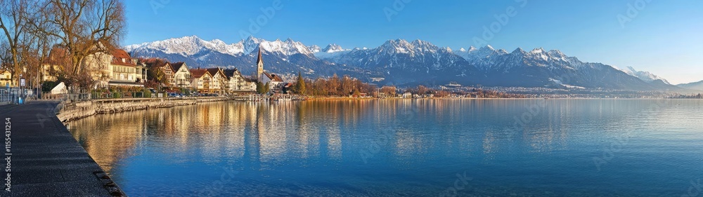 Panoramic view of the mountain range in front, Lake Constance with clear blue water, and snow-capped mountains at dawn Panoramic view of the mountain range in front, Lake Constance with clear blue water, and snow-capped mountains at dawn