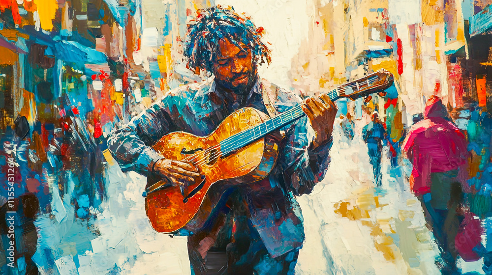 Obraz premium Create a vivid portrayal of a gifted street musician, immersed in their soulful performance, their face brimming with passion and emotion, as they play an expressive melody 