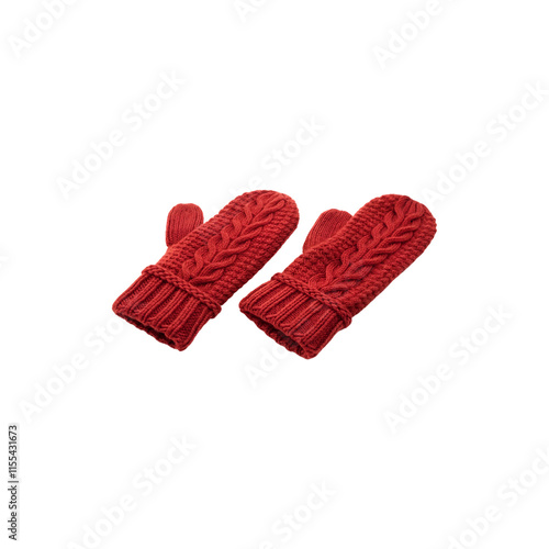 Red knitted winter mittens closeup made rom thick yarn isolated on transparent and white background 
 