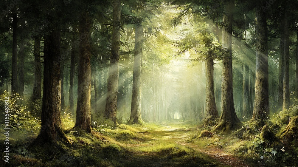 Obraz premium Sunlit magical forest with ethereal rays and lush foliage : Generative AI
