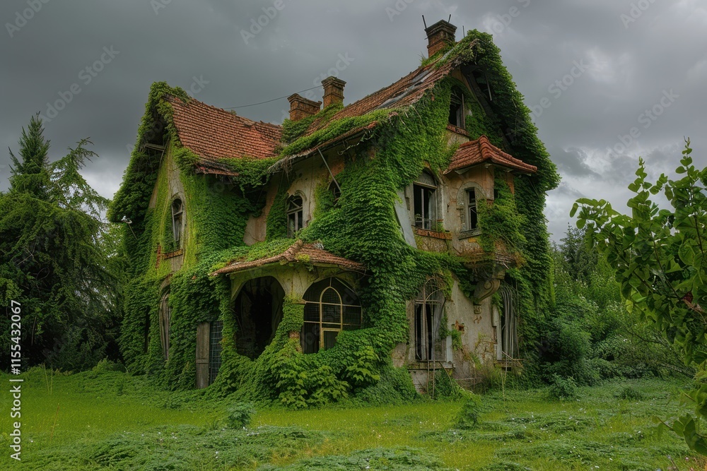 Obraz premium Overgrown villa surrounded by lush greenery under a cloudy sky in a secluded area
