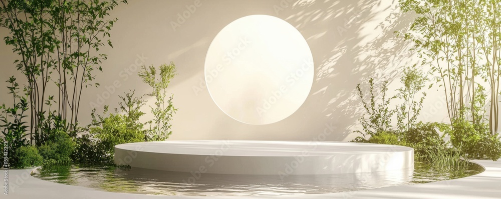 Minimalistic zen garden with a white podium and circle of light Minimalistic zen garden with a white podium and circle of light