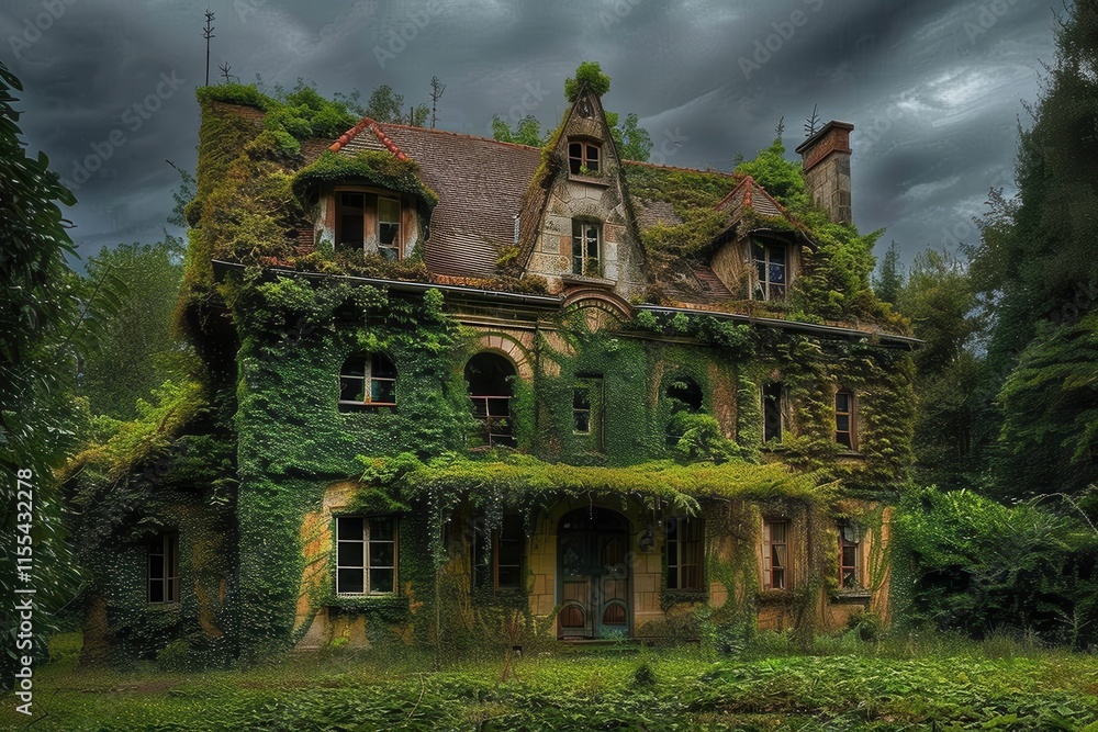 Overgrown villa surrounded by lush greenery under a cloudy sky in a secluded area Overgrown villa surrounded by lush greenery under a cloudy sky in a secluded area