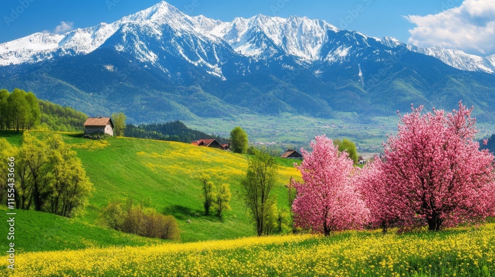 Obraz premium Alpine Meadow Blossoms Under Snowy Peaks