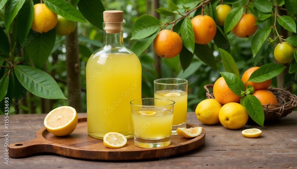 Handcrafted limoncello is showcased on a wooden tray, accompanied by small glasses filled with the vibrant drink. Surrounding it are fresh citrus fruits, creating a colorful backdrop. Handcrafted limoncello is showcased on a wooden tray, accompanied by small glasses filled with the vibrant drink. Surrounding it are fresh citrus fruits, creating a colorful backdrop.