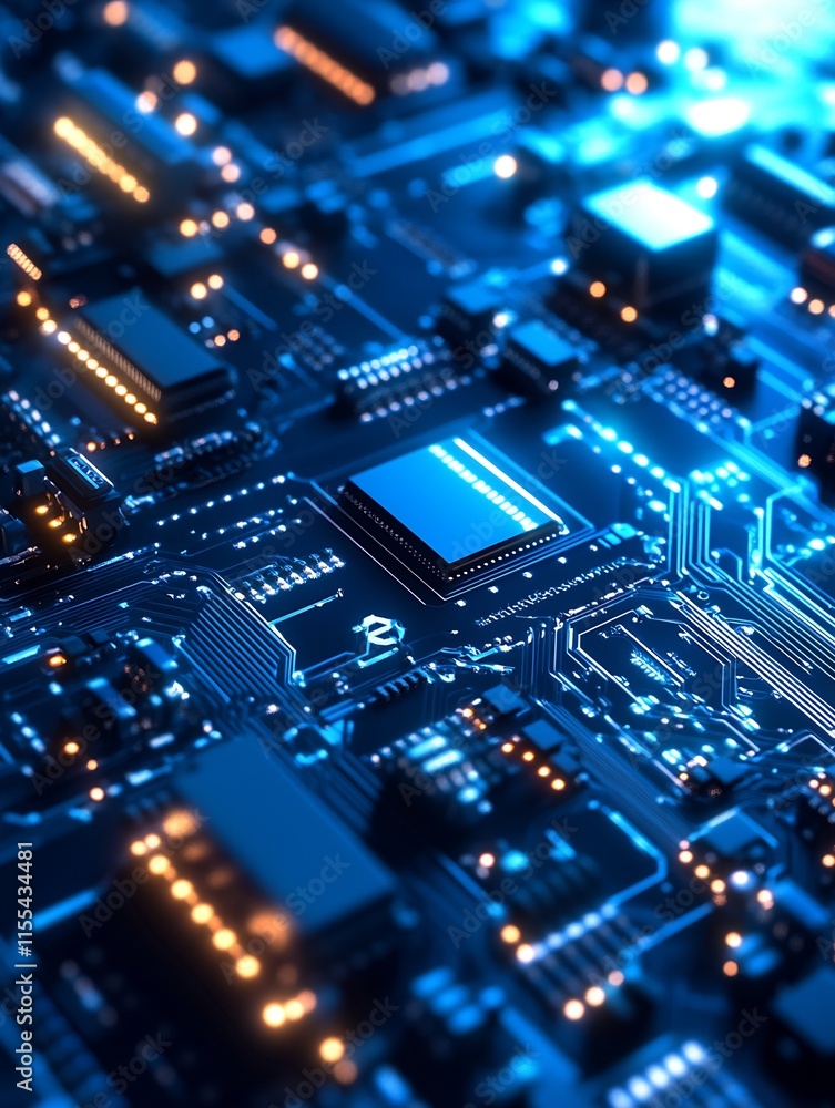 Precision Circuit Board Illustrated with Blue Microchips and Luminous Networks : Generative AI Precision Circuit Board Illustrated with Blue Microchips and Luminous Networks : Generative AI