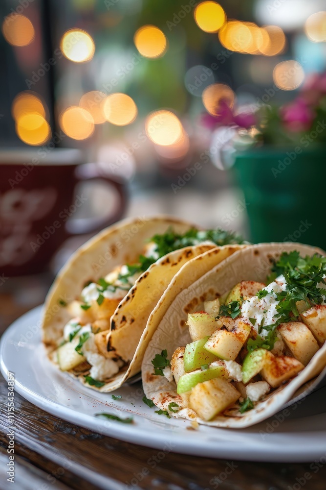 Delicious Plate of Tacos with Soft Tortillas Served at a Cozy Cafe with Blurred Bokeh Background and Colorful Decoration Delicious Plate of Tacos with Soft Tortillas Served at a Cozy Cafe with Blurred Bokeh Background and Colorful Decoration