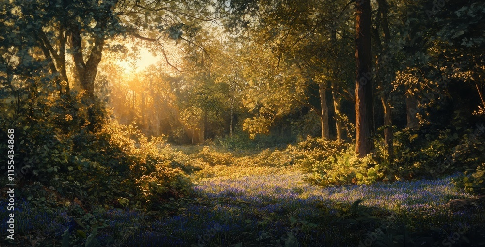 Naklejka premium Serene Forest Landscape at Sunrise with Gentle Light Filtering Through Trees and Carpet of Blue Flowers Creating a Magical Atmosphere of Tranquility and Beauty