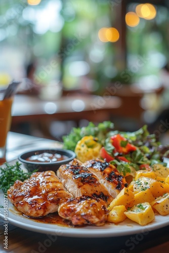 Delicious baked garlic butter chicken served with fresh salad and roasted potatoes in a cozy cafe setting with soft bokeh background lighting.