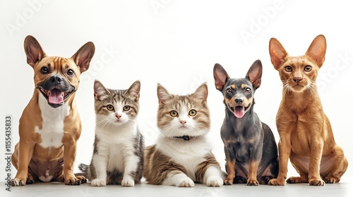Group of Cats and Dogs Sitting Together Against a Simple White Background : Generative AI