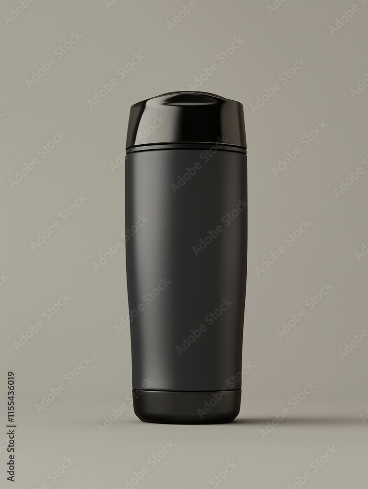 Black travel tumbler with glossy lid on neutral background Black travel tumbler with glossy lid on neutral background