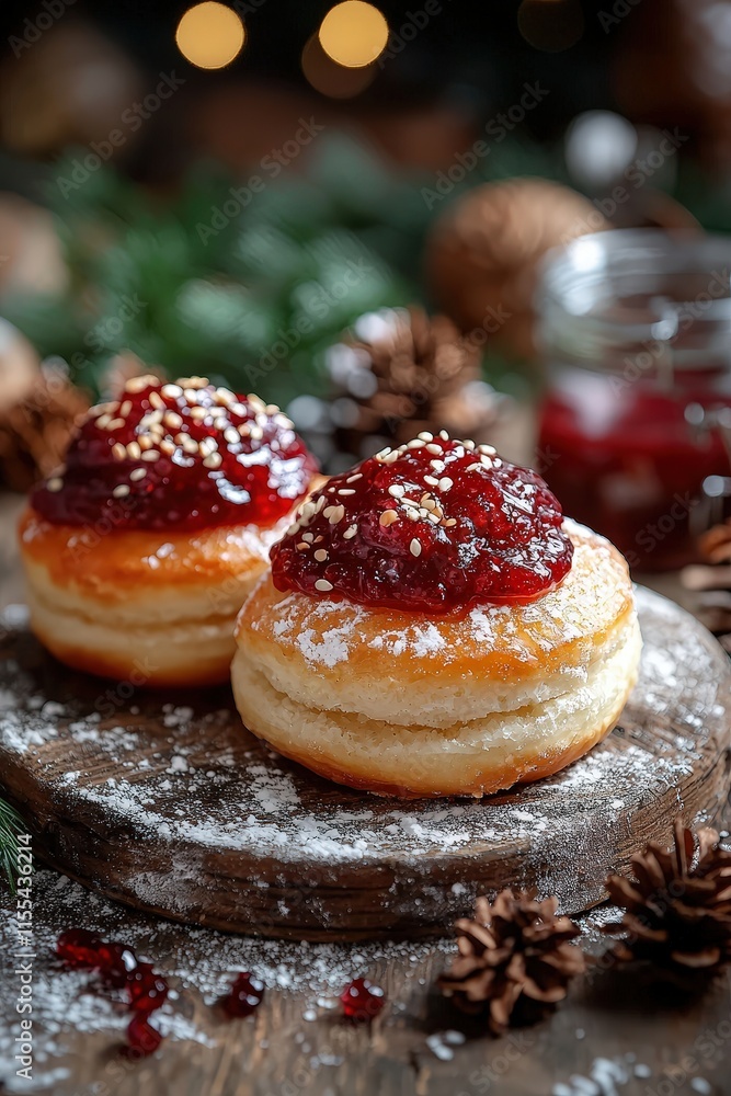Delicious Berliner Doughnuts Filled with Sweet Jam and Topped with Glaze on a Rustic Wooden Table Surrounded by Festive Decorations Delicious Berliner Doughnuts Filled with Sweet Jam and Topped with Glaze on a Rustic Wooden Table Surrounded by Festive Decorations