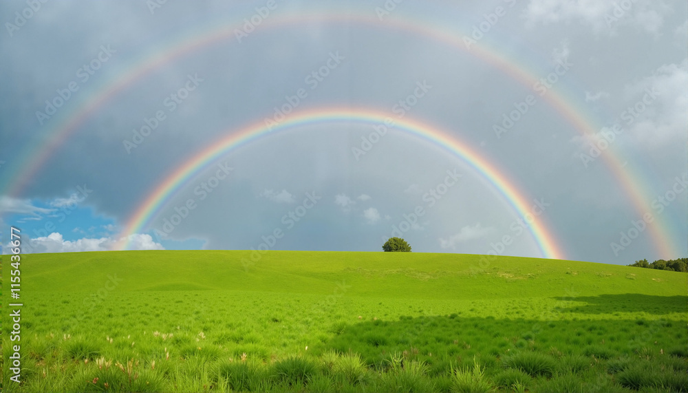Two rainbows arching over a lush green hillside after rain, International Earth Day Theme Two rainbows arching over a lush green hillside after rain, International Earth Day Theme