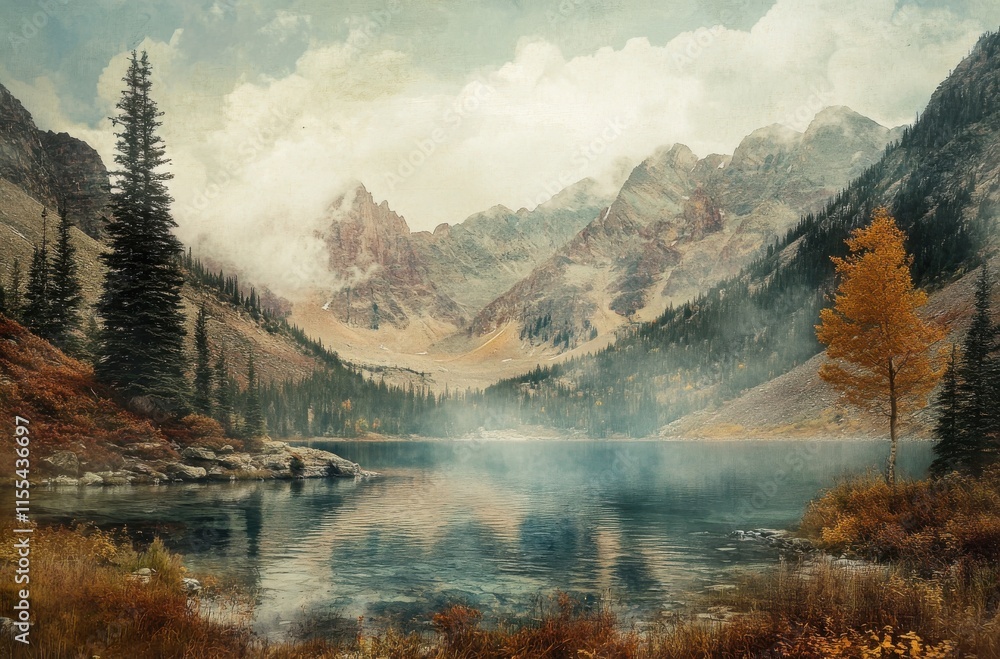 Naklejka premium Serene Mountain Landscape with Calm Lake, Pine Trees, Autumn Foliage, and Majestic Peaks Under a Soft Cloudy Sky in Warm Earth Tones