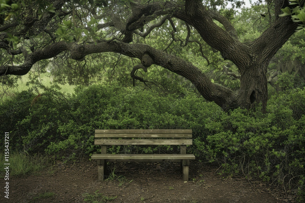 Peaceful wooden bench under a leafy tree in a serene green park during the daytime Peaceful wooden bench under a leafy tree in a serene green park during the daytime