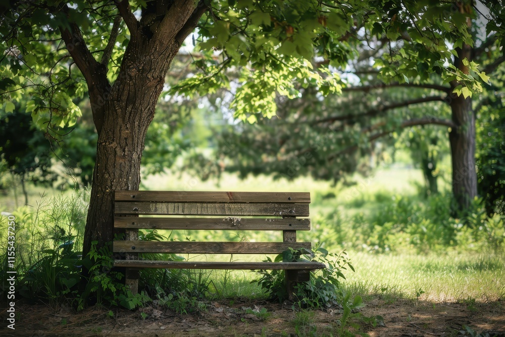Peaceful wooden bench under a leafy tree in a serene green park during the daytime Peaceful wooden bench under a leafy tree in a serene green park during the daytime