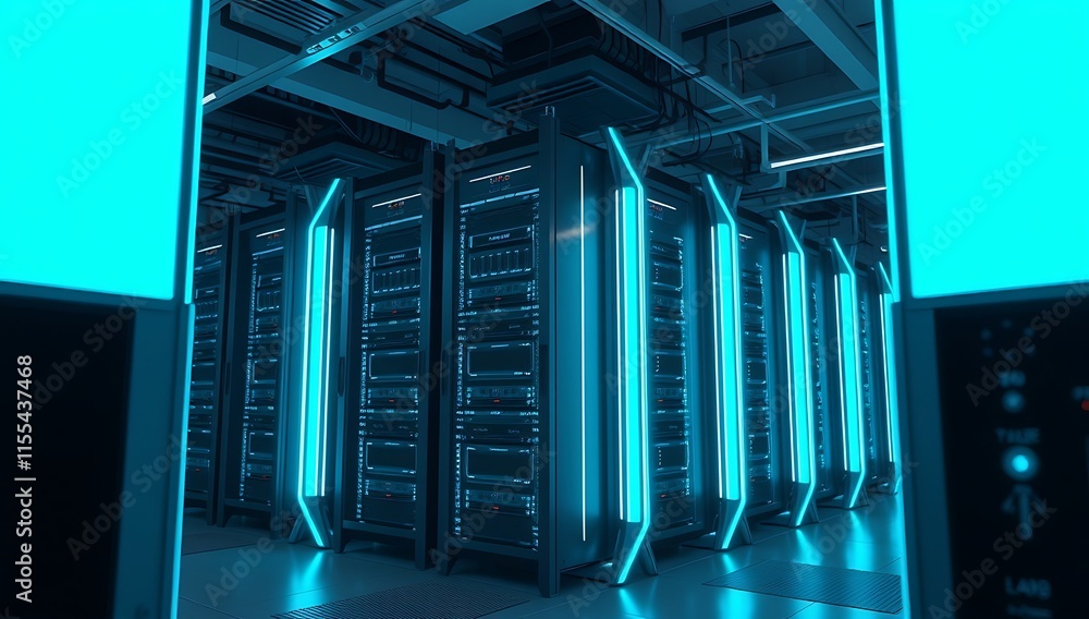Obraz premium Futuristic Server Room With Bright Neon Blue Lighting