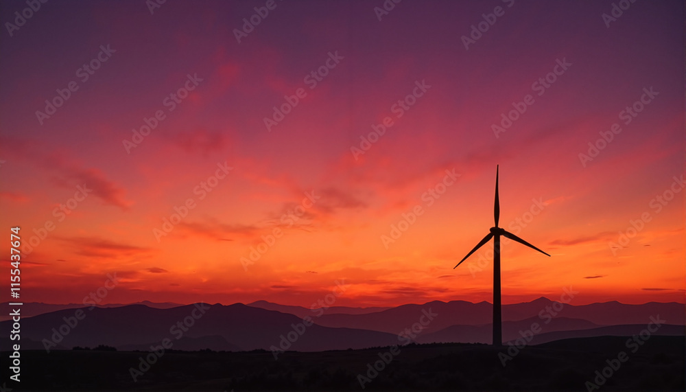 Obraz premium Wind turbine silhouetted against a colorful sunset sky, International Earth Day Theme
