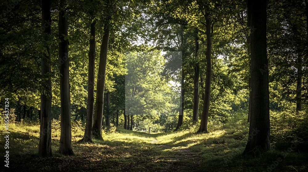 Naklejka premium Golden Afternoon Light Filtering Through Grand Forest Pathway : Generative AI