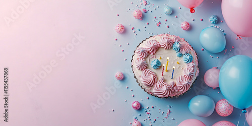 Photo of birthday cake surrounded by balloons and candles with pink and blue color theme. Web banner with copy space on the right. photo