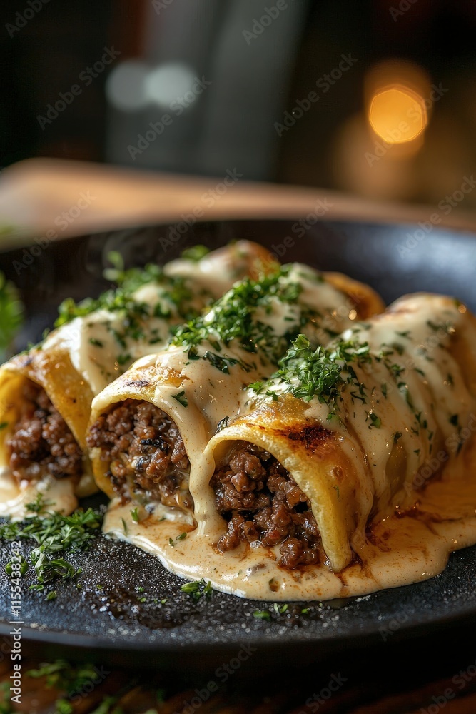 Cheesy Ground Beef Delight Wraps with Creamy Sauce Garnished with Fresh Herbs on a Rustic Plate Cheesy Ground Beef Delight Wraps with Creamy Sauce Garnished with Fresh Herbs on a Rustic Plate