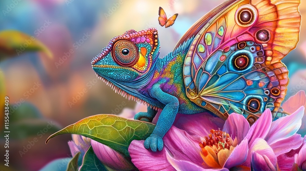 Obraz premium Whimsical Fusion of Chameleon and Butterfly Artistry