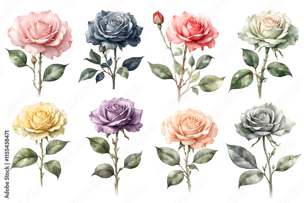 Fototapeta premium Clipart set of roses flowers, illustration in watercolor style isolated on transparent background. PNG, cutout.