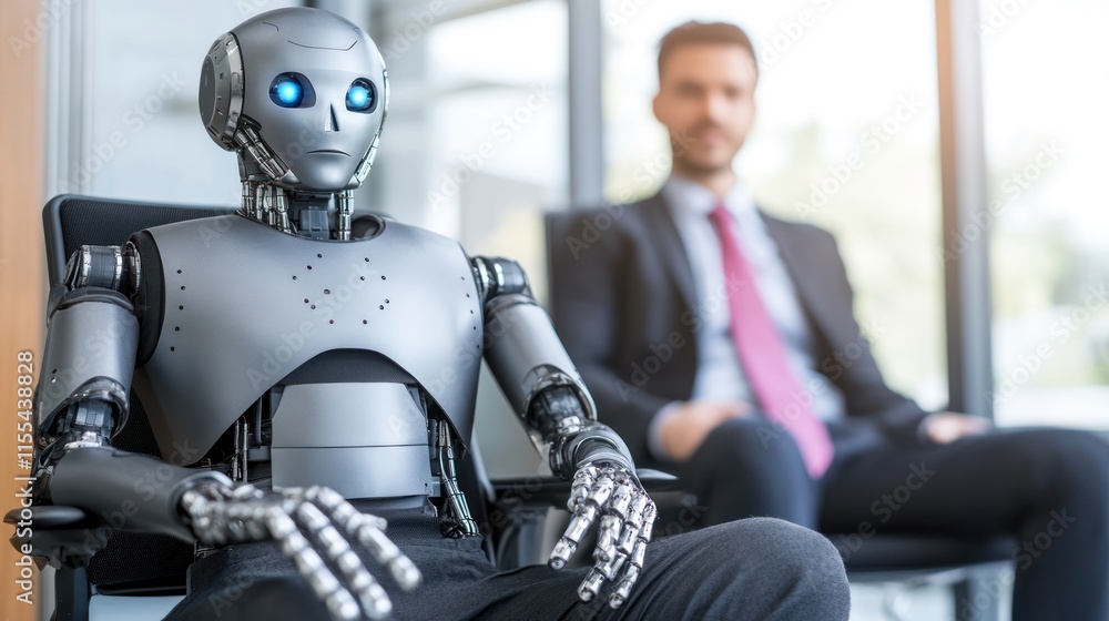 Futuristic robot sitting in office waiting area, with a businessman in the background. Futuristic robot sitting in office waiting area, with a businessman in the background.