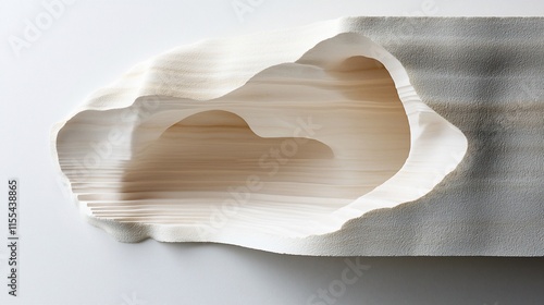 Abstract carved beige wood sculpture with hollow interior.
