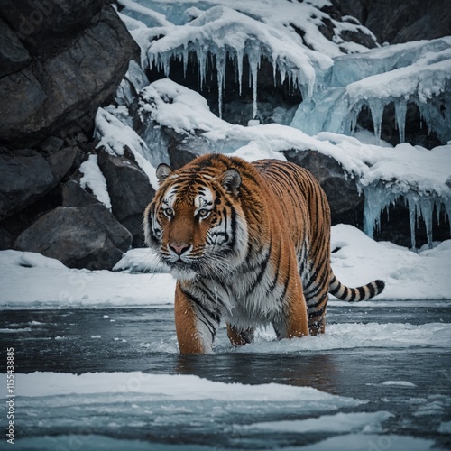 A Siberian tiger prowling near a frozen mountain river.