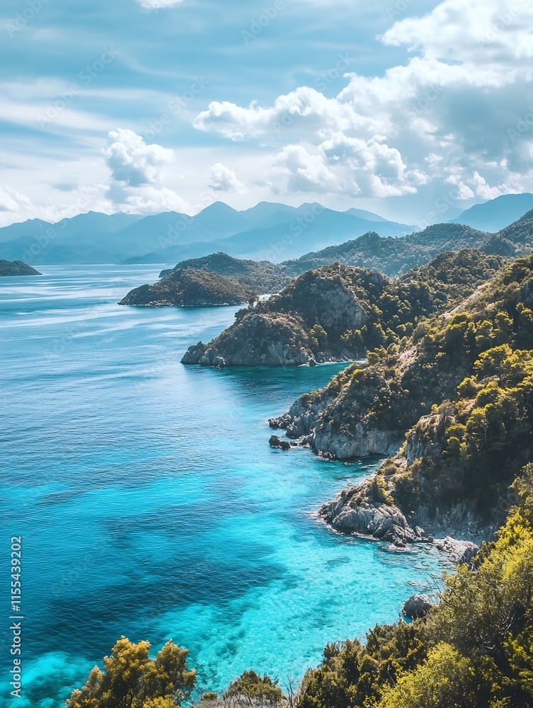 Obraz premium Breathtaking View of a Serene Mediterranean Coastline with Azure Waters and Lush Hills Under Clear Skies : Generative AI